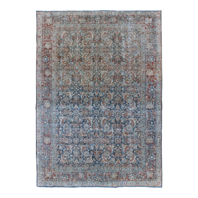 Antique Persian Mahal Rug With All-Over Flower Design in Blue, Red and Ivory 4'3 X 6'4 For Sale