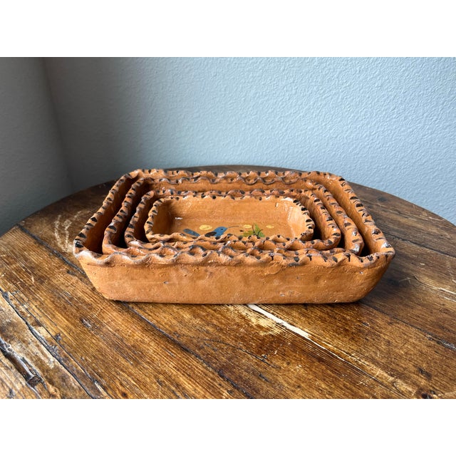 Brown Vintage Tlaquepaque Mexican Folk Art Clay Pottery Nesting Rectangular Trays- Set of 4 For Sale - Image 8 of 9
