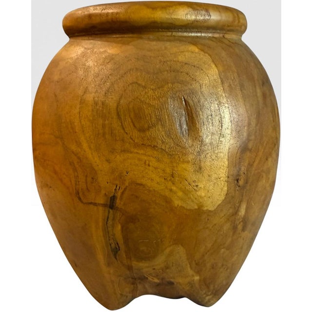 Contemporary Handcrafted Wabi Sabi Turned Teak Root Wood Urn Vessel With Organic Natural Knots and Voids For Sale - Image 3 of 14