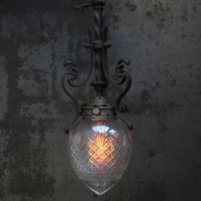 Art Nouveau Brass, Iron and Clear Cut Glass Flush Mount For Sale - Image 9 of 12