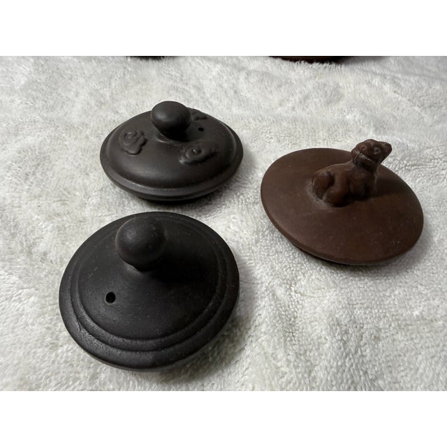 Mid 20th Century Vintage Chinese YiXing Small Teapots Dragon Motif Brown/Dark 20th C. - Set of 3 For Sale - Image 5 of 12
