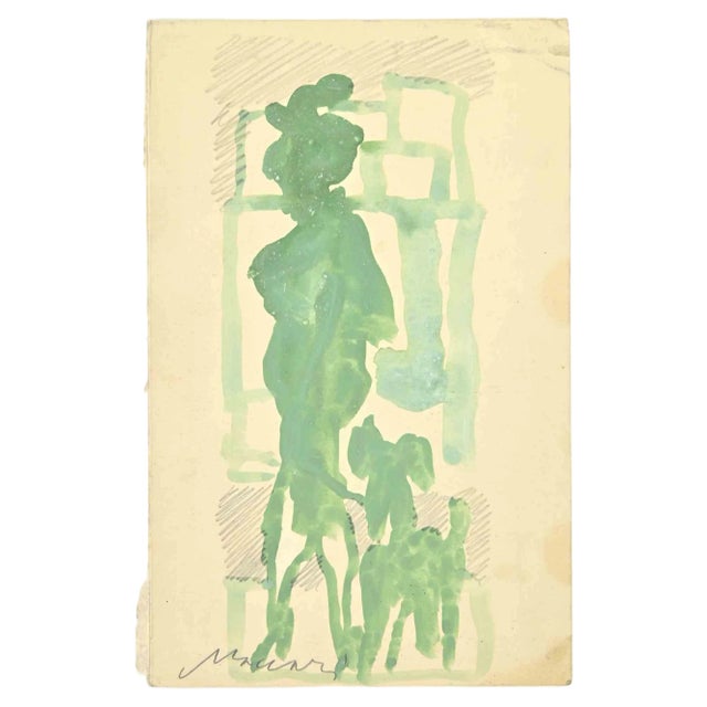 Mino Maccari, Green Lady, Watercolor, 1960s For Sale