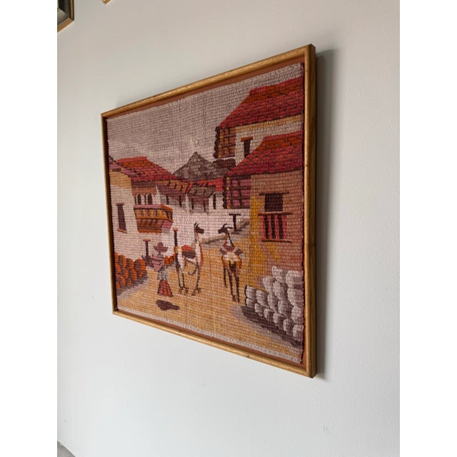1970’s Vintage Hand-Woven Peruvian Folk Art Wool Tapestry Depicting a Village Scene For Sale - Image 4 of 11