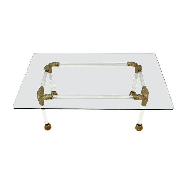 Mid-Century Coffee Table in Acrylic Glass and Brass with Snake Head Details, Italy, 1970s For Sale