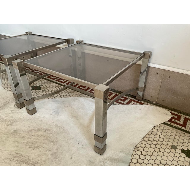 1960s Pair of Metal Deco Tables With Smoked Glass Tops, 1960's, French For Sale - Image 5 of 17