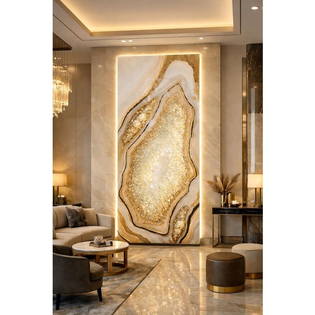 Contemporary Golden Geode Illuminated Wall Art in Citrine and Quartz by Sev Art Gallery For Sale - Image 3 of 6