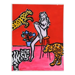 Nude Leopards Expressionist Fauvist Pop Art Red Pink, Orange Original Painting by Cleo Plowden