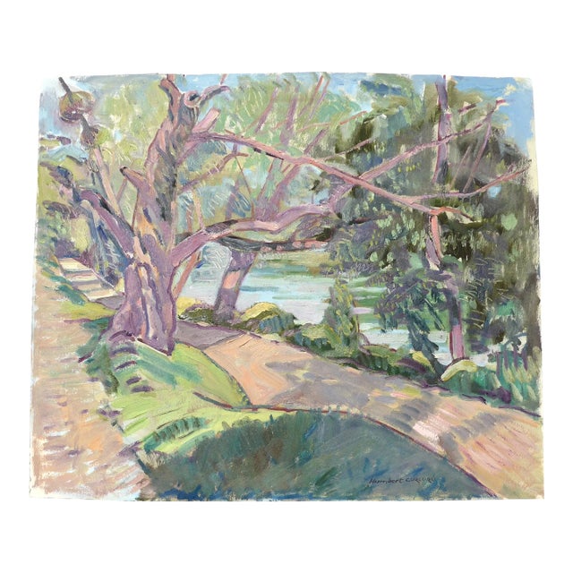 Trees by the River Seine in France. Oil Painting by Listed French Artist For Sale