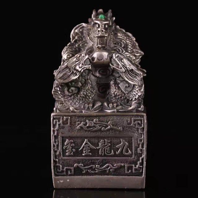 1960s Large Chinese Dragon Seal Sculpture - Antiqued Metal Desk Statue With Green Stone Inlay For Sale - Image 9 of 9