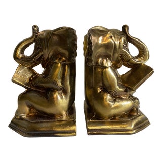 1980s Vintage Artbrass Elephant Reading Hand-Cast Bookends - a Pair For Sale