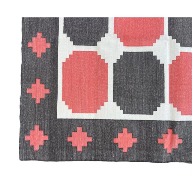 Handmade Cotton Flat Weave Area Rug, Tile Patterned Brown, Coral and Cream Dhurrie - 9'x12' For Sale - Image 10 of 10