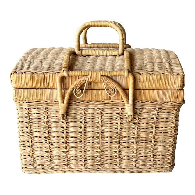 Circa 1970 Coastal Chic Nicely-Sized Decorative Rattan Sewing Basket With Folding Latch Handles For Sale