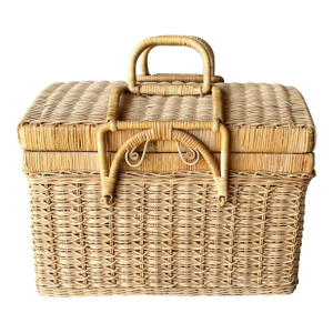 Circa 1970 Coastal Chic Nicely-Sized Decorative Rattan Sewing Basket With Folding Latch Handles
