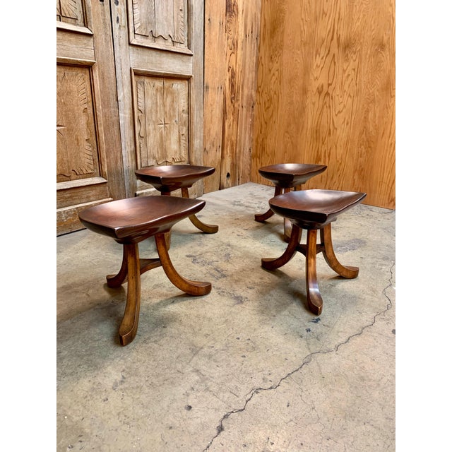 Modern 1950s Vintage Sculpted Mahogany Tripod Stools After Adolf Loos - Set of 4 For Sale - Image 3 of 10
