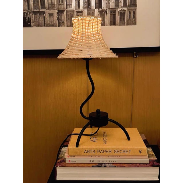 Art Deco Rattan Shade & Iron Curved Arm Lamp For Sale - Image 3 of 7