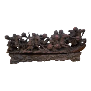 Vintage Carved Statue of Asian Warriors on Wood Base