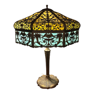 Early 20th Century Victorian Table Lamp With Multiple Molded Colored Slag Glass Lamp Shade Panels 27"