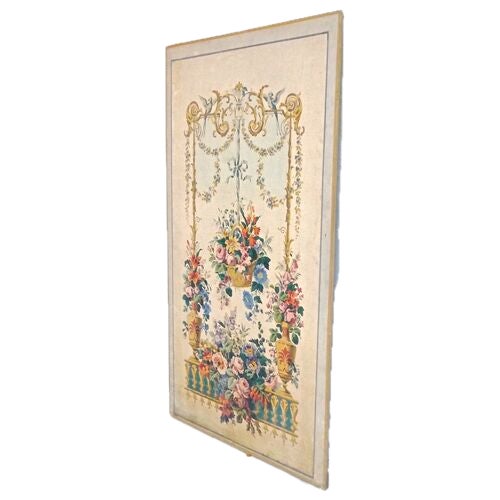 Antique Aubusson tapestry cartoon wall panel depicting an acanthus leaf trellis-style structure with rail and urns filled...