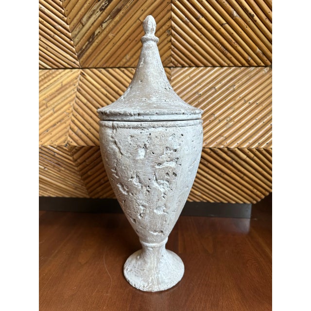 Fabulous Vintage French Whitewash Terracotta Lidded Urn. Very heavy. Great architectural lines. Terrific texture. Rustic...
