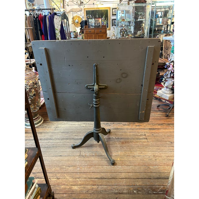 Industrial Salvaged Tilt Top Wood Work Table With Iron Base For Sale - Image 16 of 18