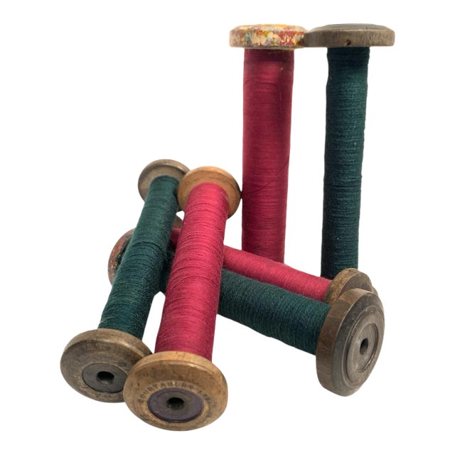 Circa 1950 Wood and Metal Textile Mill Bobbins Set of Six Red and Green For Sale