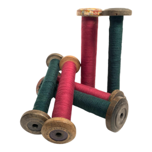 Circa 1950 Wood and Metal Textile Mill Bobbins Set of Six Red and Green