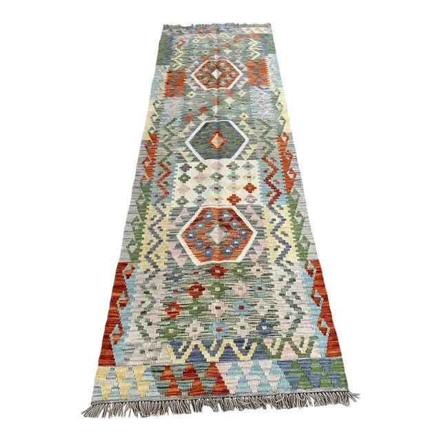 Handwoven Vibrant Geometric Kilim Runner Rug For Sale