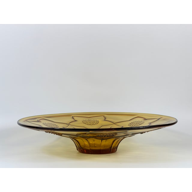Large Art Deco Revival Amber Glass Floral Centerpiece Bowl, 1960s For Sale - Image 6 of 14