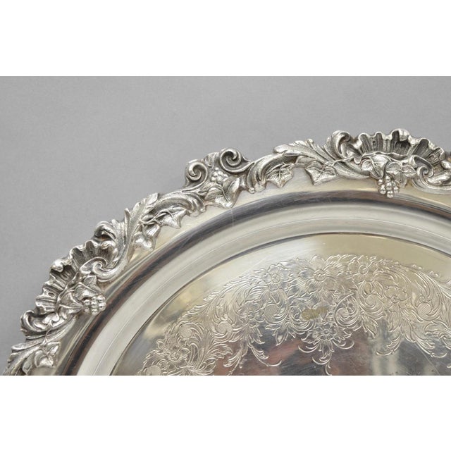 Metal Vintage Wilcox Victorian Silver Plated Round Ornate Footed Salver Serving Tray For Sale - Image 7 of 16