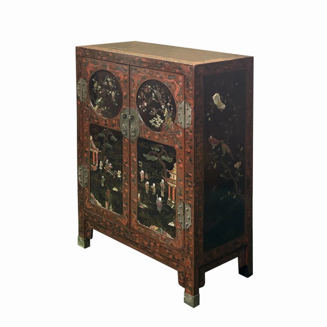 Chinoiserie Vintage Chinoiseries Brick Red & Stone Inlay Graphic Credenza Cabinet For Sale - Image 3 of 12