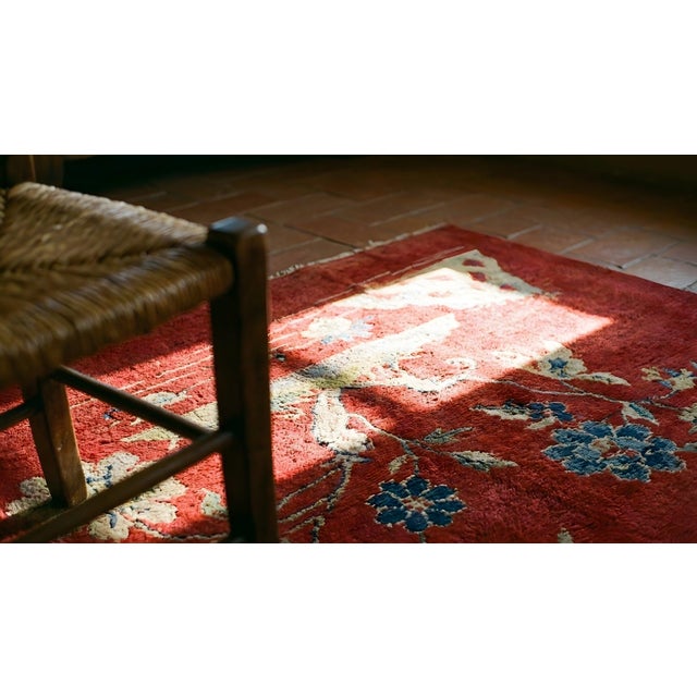 1920s Ruby Red Floral Antique Chinese Art Deco Carpet 9' X 12 Knotted Wool Rug For Sale - Image 12 of 13