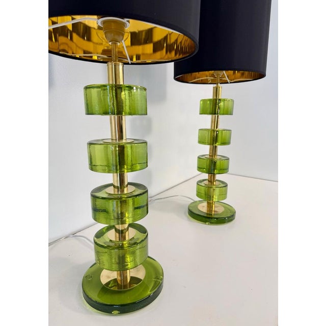 Italian Green Emerald Murano Glass Discs and Brass Lamps with Black Lampshades, 2000s, Set of 2 For Sale - Image 13 of 15