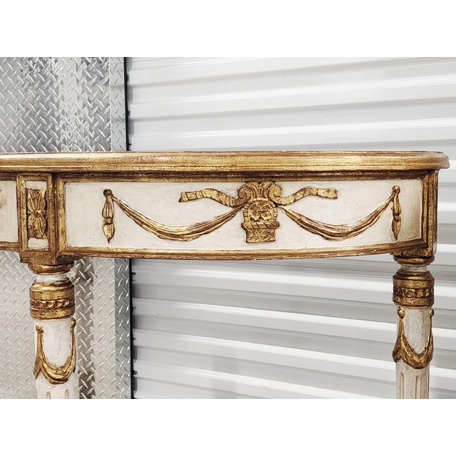 Antique Louis XVI Style Giltwood Handpainted Demi-Lune Console Tables - A Pair For Sale - Image 10 of 15