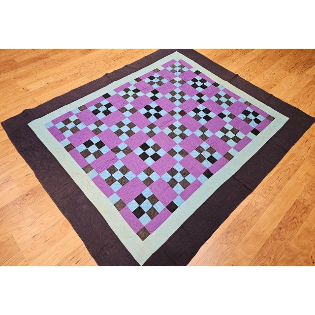 Vintage American Amish “Nine Patch” Hand-Stitched Patchwork Quilt, 67" X 80" For Sale - Image 10 of 12