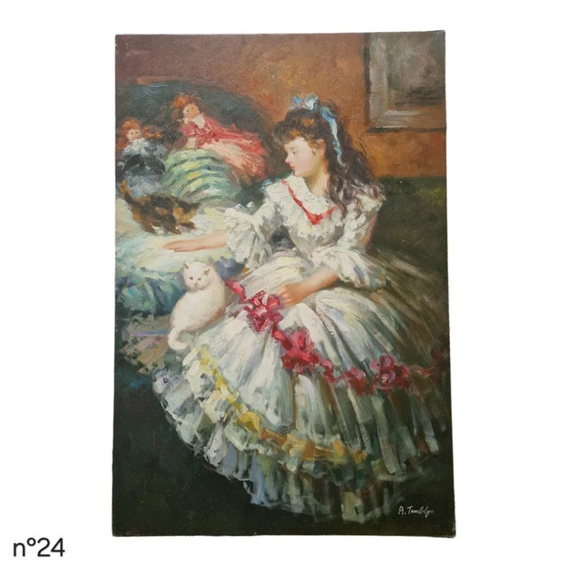 Signed oil on canvas by Anael Tamblyn, circa late 20th century, depicting a young girl seated in an interior beside a...