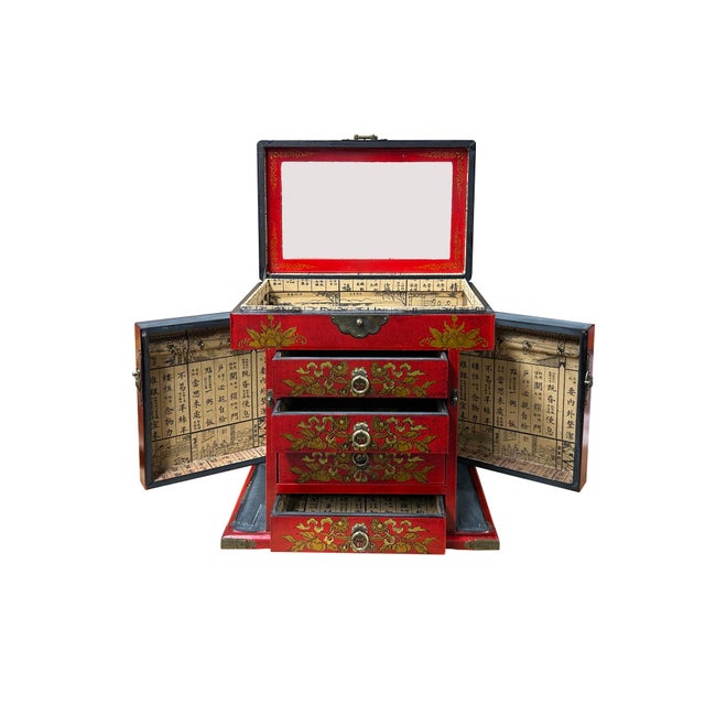 Chinese Chinese Oriental Red Flower Birds Mirror Rectangular Jewelry Box For Sale - Image 3 of 14