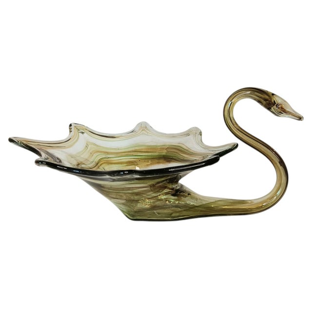 Large Art Glass Swan Vase Green Brown Swirl Handblown Mid-Century Modern Sooner Glass For Sale - Image 4 of 16
