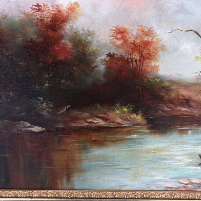 Antique Hudson River School Oil on Canvas Painting of a River Scene C1900 For Sale - Image 4 of 12