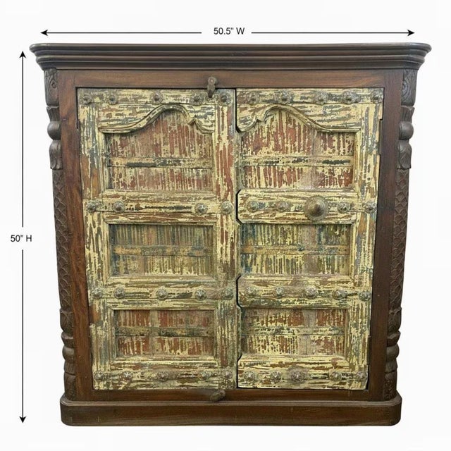 Farmhouse Unique 50" Tall Teak Wood Cabinet | Rustic Farmhouse Armoire | Antique Repurposed Door Cupboard | Handmade Distressed Storage Furniture For Sale - Image 3 of 8