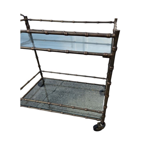 1980s Vintage Faux Bamboo Italian Tea Bar Cart Bronze Server Console Maison Style For Sale - Image 5 of 18
