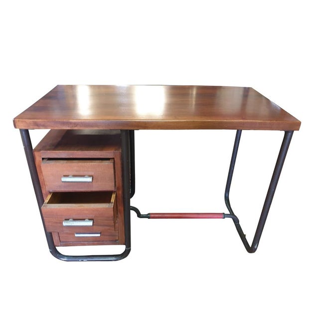 Wood Mid-Century Modern Industrial Desk with Black Metal Frame and Wooden Drawers, 1960s For Sale - Image 7 of 8