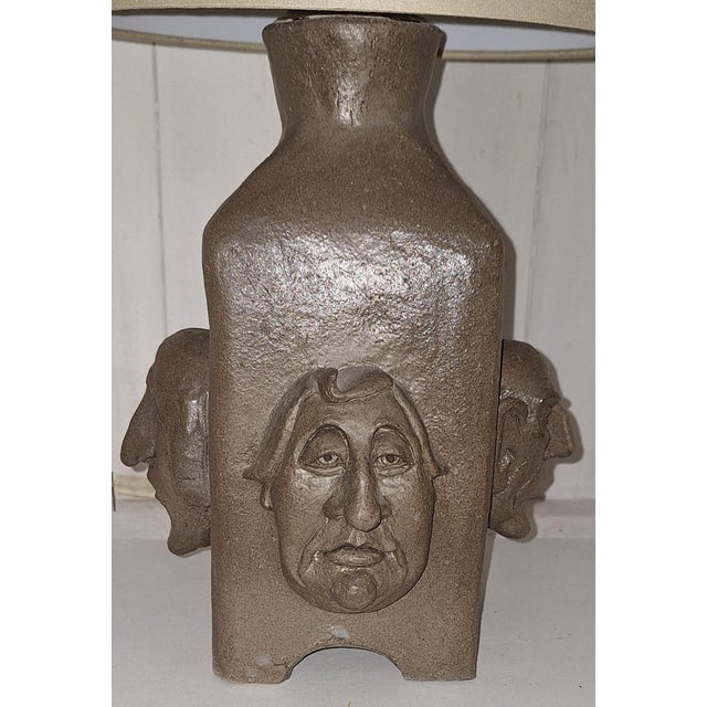 Vintage Table Lamp with Brown Ceramic Base with 4 Different Cartoon Faces and Beige Fabric Shade, 1982 For Sale - Image 13 of 15