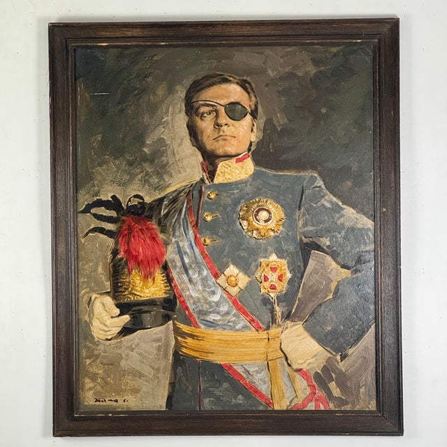 A striking original oil on board painting of a one patched eye military man. Both he and the uniform are unidentified to...