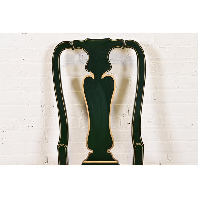 Kindel Furniture Chinoiserie Queen Anne Green Lacquered and Gold Gilt Side Chairs or Dining Chairs, Pair For Sale In South Bend - Image 6 of 14