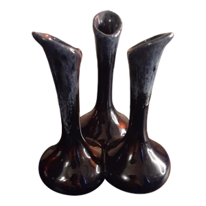1970s Van Briggle Mid-Century Modern Triple Bud Vase Black With White Drip Glaze Vase