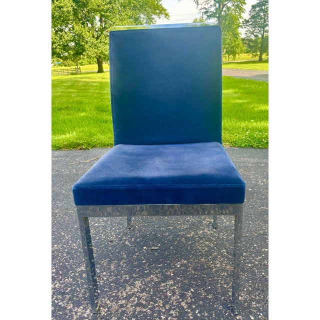Set of eight chrome dining chairs with original vintage blue navy velvet by Design Institute of America, inspired by Milo...