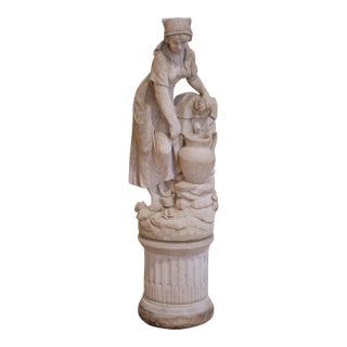 Mid-Century French Cast Stone Garden Figure of Woman at Well on Fluted Pedestal For Sale