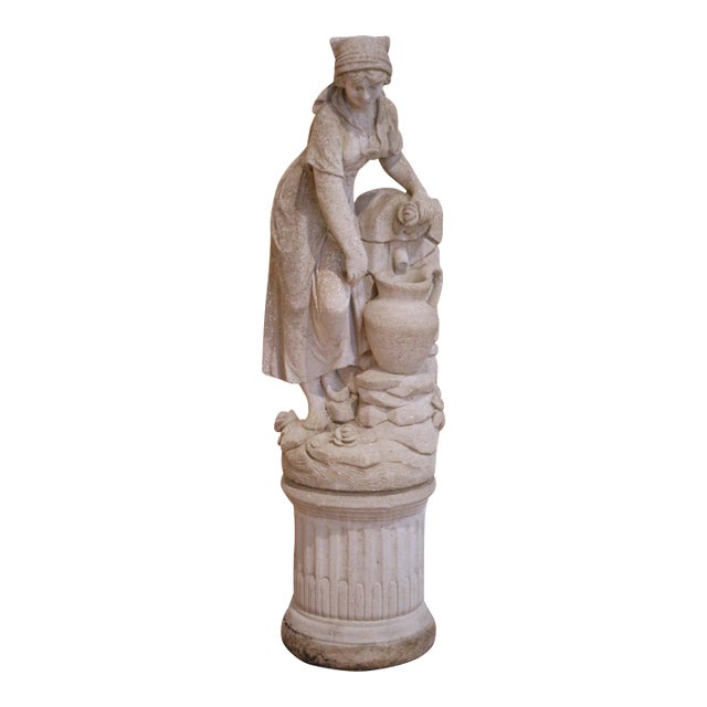 Mid-Century French Cast Stone Garden Figure of Woman at Well on Fluted Pedestal For Sale