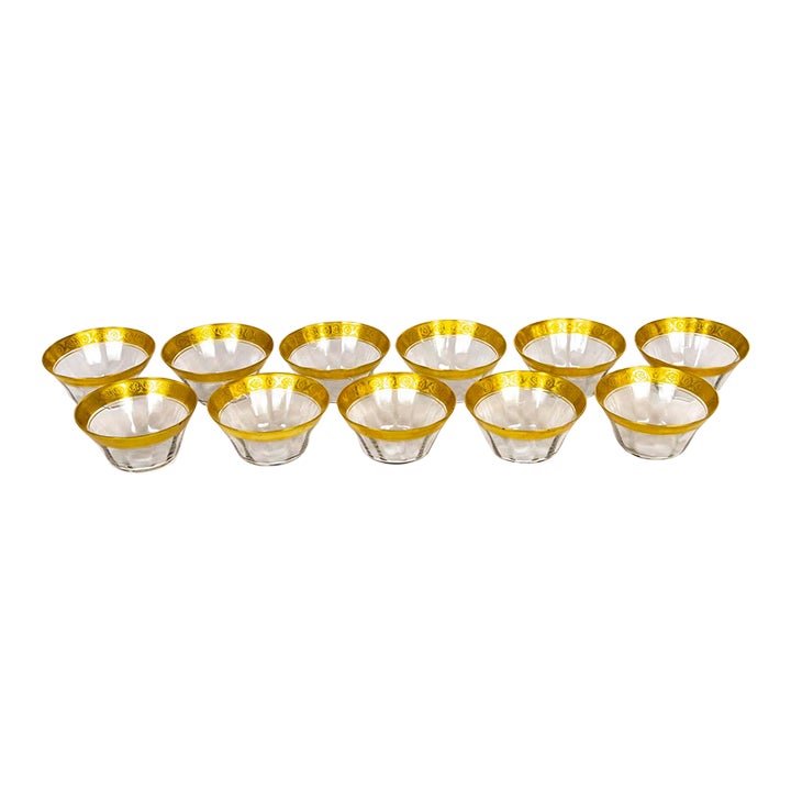 Mid 20th Century Etched Gilt Rimmed Clear Blown Glass Dessert Bowls