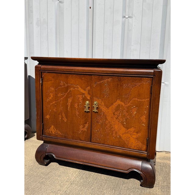 Asian 1970s Broyhill Walnut Parquetry Asian Cabinets, 2 Pieces, Attributed For Sale - Image 3 of 7
